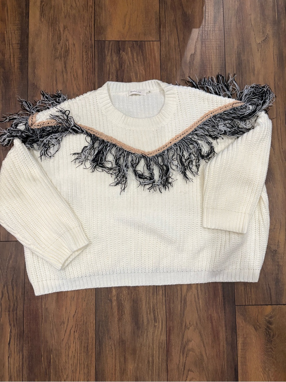 Mustard Seed Cream Fringe V-Neck Detail Knit Sweater